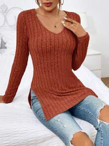 SHEIN Essnce Của phụ nữ Cổ chữ V Đồ đan Ribbed Cái nĩa cao Hem Áo thun - Gỗ đỏ - Xem 6