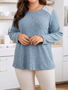 Calvaya Camiseta De Manga Corta Acanalada De Talla Grande Con Encaje Para Mujer - Azul - Ver 5