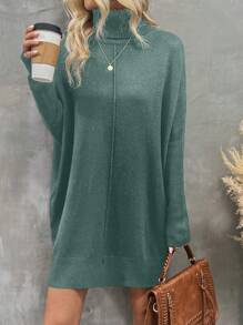 SHEIN LUNE Women's Solid Color High Neck Batwing Sleeve Sweater Dress - Green - View 5