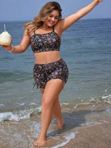 Swim Lushoire Summer Beach Women's Printed Spaghetti Strap Black Plus Size Bikini Set - Multicolor - View 3