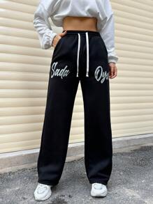 SHEIN Unity 女式字母印花抽绳腰部羊毛运动裤 - 黑色 - 查看 1