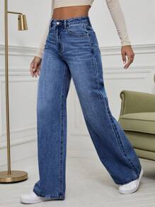 SHEIN Privé Pantalones Vaqueros Anchos De Pierna Ancha Y Suelto Para Mujer De Color Sólido