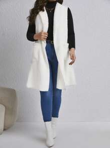 SHEIN LUNE Kích thước lớn Mở Mặt trước Áo vest Có khăn choàng Vòng cổ Và Giường đôi tiêu chuẩn Túi - trắng - Xem 5