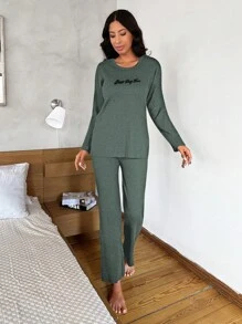 EURMUSE Slogan Ribbed Knit Lounge Set - Green - View 5