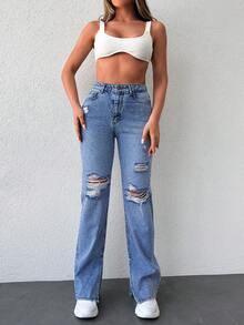 EURMUSE Ripped Flare Leg Jeans - Teal Blue - View 4