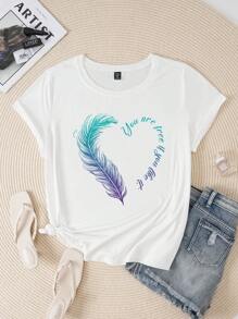 SHEIN LUNE Camiseta De Manga Corta Con Plumas Y Letras Para Tallas Grandes - Blanco - Ver 1