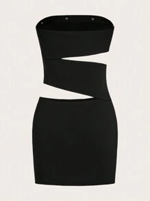 SHEIN ICON Button Detail Cut Out Tube Bodycon Dress - Black - View 2