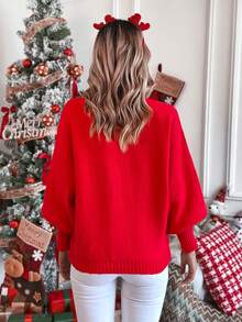 SHEIN LUNE Của phụ nữ Màu thuần tay cánh Áo len - Đỏ - Xem 2