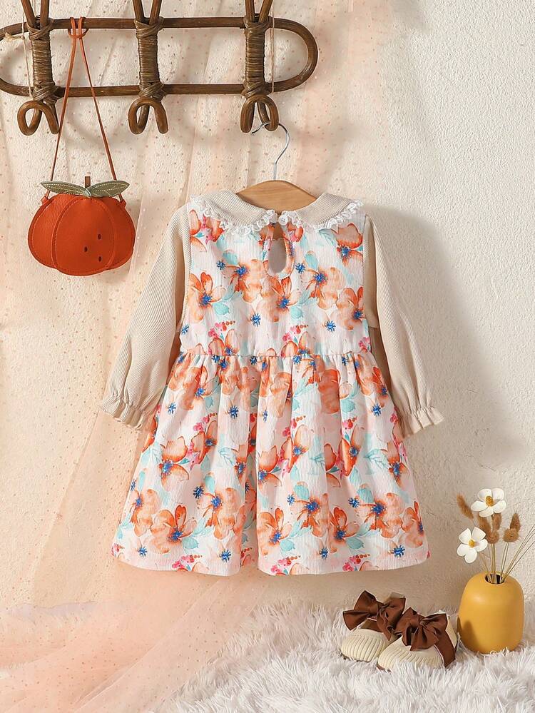 Lovely Vacation Style Baby Girls' Lace Peter Pan Collar Princess Dress With Floral Print, Corduroy Fabric, Waistband, Fashionable, Autumn And Winter