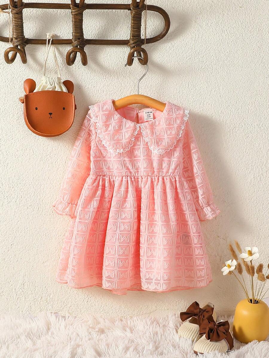 Baby Girls Princess Dress With Textured Lace & Peter Pan Collar Design, Cute & Elegant Dress For Parties And Vacations In Autumn And Winter