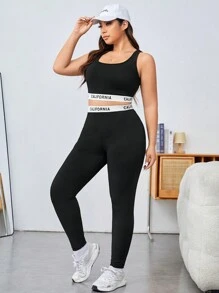 SHEIN EZwear 女性加大尺碼黑色針織運動短上衣和修身打底褲套裝 - 黑色 - 查看 5