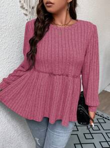 Kích thước lớn Của phụ nữ Màu thuần Xù Peplum Hem Áo thun In Chất vải - Màu Hồng Tươi - Xem 4