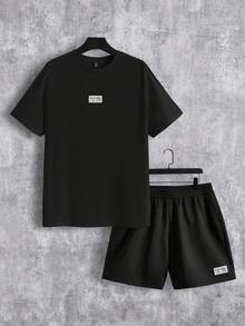 GENTILAND Men's Plus Size Text Pattern T-shirt And Shorts Set - Black - View 2