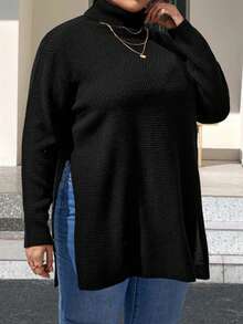 SHEIN CURVE+ 女款大尺碼高領純色開叉下擺毛衣 - 黑色 - 查看 3