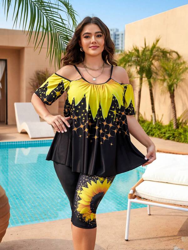SHEIN Swim Vcay Plus Size Women'S Sunflower Printed OffShoulder Top