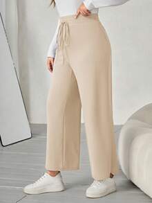 SHEIN LUNE Women's Plus Size Wide Leg Pants With Knot Waistband - Apricot - View 4