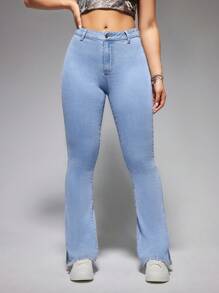 SHEIN EZwear Boot Cut Leg Jeans With Slit Hem - Blue - View 1