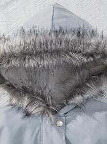 SHEIN Fluffy Hooded Jacket With Waist Drawstring, For Tween Girls - Khaki - View 6