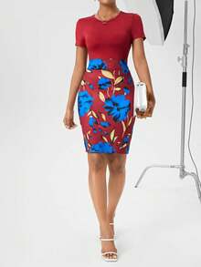 SHEIN Privé Floral Print Patchwork Dress - Burgundy - View 5