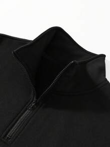 Black Drawstring Hooded Sweatshirt With Half Zipper, Plus Size - Black - View 6