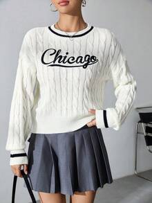 SHEIN Qutie Women's Round Neckline Cable Knitted Sweater With Drop Shoulder, Letter Embroidery - Beige - View 5