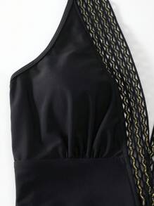 SHEIN Swim 女士露背單肩式一件泳衣 - 黑色 - 查看 6