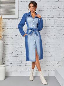 SHEIN Privé Damen-jeanshemdkleid Mit Gürtel - Mittele Waschung - Übersicht 5