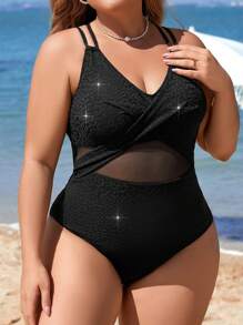 SHEIN Swim Curve 加大碼網紋拼接一件式泳衣 - 黑色 - 查看 5