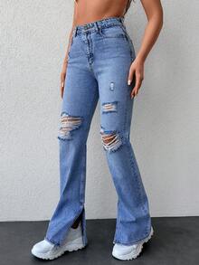 EURMUSE Ripped Flare Leg Jeans - Teal Blue - View 3