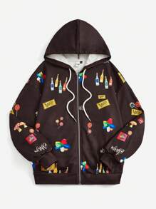 Willy Wonka and the Chocolate Factory X SHEIN Plus Bottle & Lollipop Print Drawstring Hooded Sweatshirt - Multicolor - View 1
