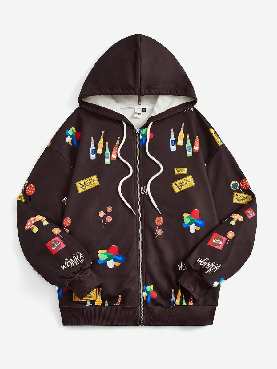 Willy Wonka and the Chocolate Factory X SHEIN Plus Bottle & Lollipop Print Drawstring Hooded Sweatshirt - Multicolor - View 1