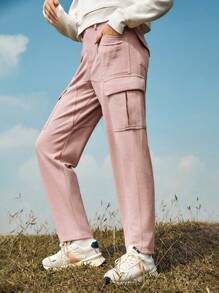 In My Nature Solid Color Women's Outdoor Corduroy Pants With Side Pockets - Dusty Pink - View 3