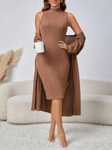 女式纯色无袖连衣裙和休闲开衫家居服套装 - 棕色 - 查看 6