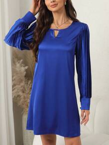 SHEIN Clasi Keyhole Neckline Pleated Lantern Sleeve Satin Dress