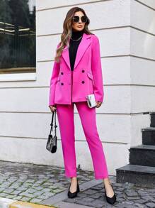 RueChic 2pcs/set Women's Double-breasted Suit - Coral Pink - View 1