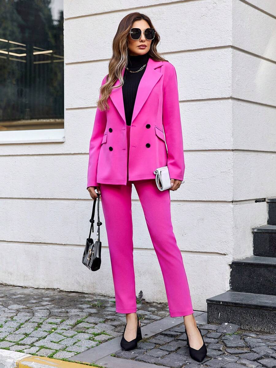 RueChic 2pcs/set Women's Double-breasted Suit - Coral Pink - View 1