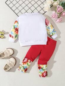 2入組嬰兒女童休閒卡通印花圓領運動衫和打底褲,適用於春秋季節 - 紅白色 - 查看 2