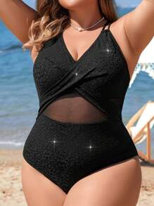 SHEIN Swim Curve 加大碼網紋拼接一件式泳衣 - 黑色 - 查看 1