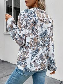 SHEIN LUNE Women's Peacock Feather Printed Notch Neck Lantern Sleeve Blouse - Multicolor - View 2