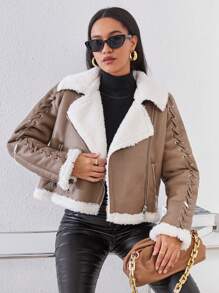 GENKIRA 女款pu皮帶長袖摩托車夾克 - 卡其色 - 查看 3