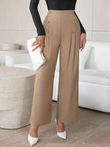 SHEIN Privé Women's Double-breasted Buttoned Trousers - Khaki - View 1