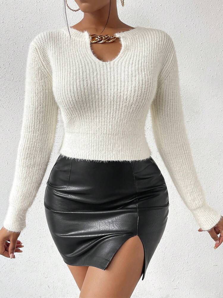 Chain-Link Cutout Neck Knit Pullover Fall Winter Sweater