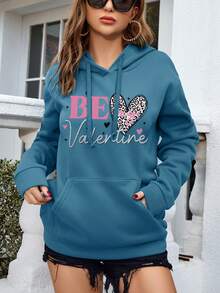 SHEIN LUNE Women's Hoodie With Letter And Leopard Print - Dusty Blue - View 3