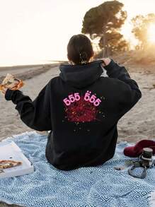 SHEIN EZwear Women's Hooded Sweatshirt With Spider Web & Number Print And Thermal Lined - Black - View 1