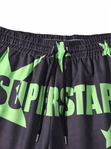 ROMWE MEN Street Life 男士字母图案抽绳腰短裤，学校 - 深灰色 - 查看 5