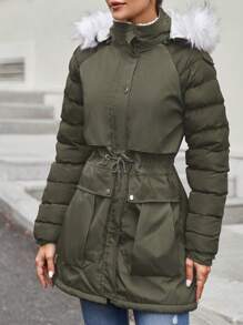 EURMUSE 腰部抽繩毛茸邊連帽派克大衣