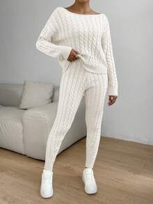 SHEIN Essnce Women' Solid Color Cable Knit Sweater 2pcs Set - White - View 5