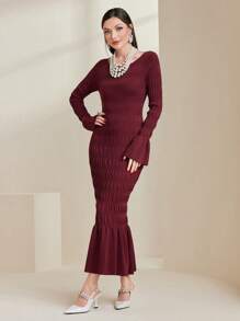 Modelyn Women's Elegant Pleated Design Sweater Dress - Burgundy - View 2
