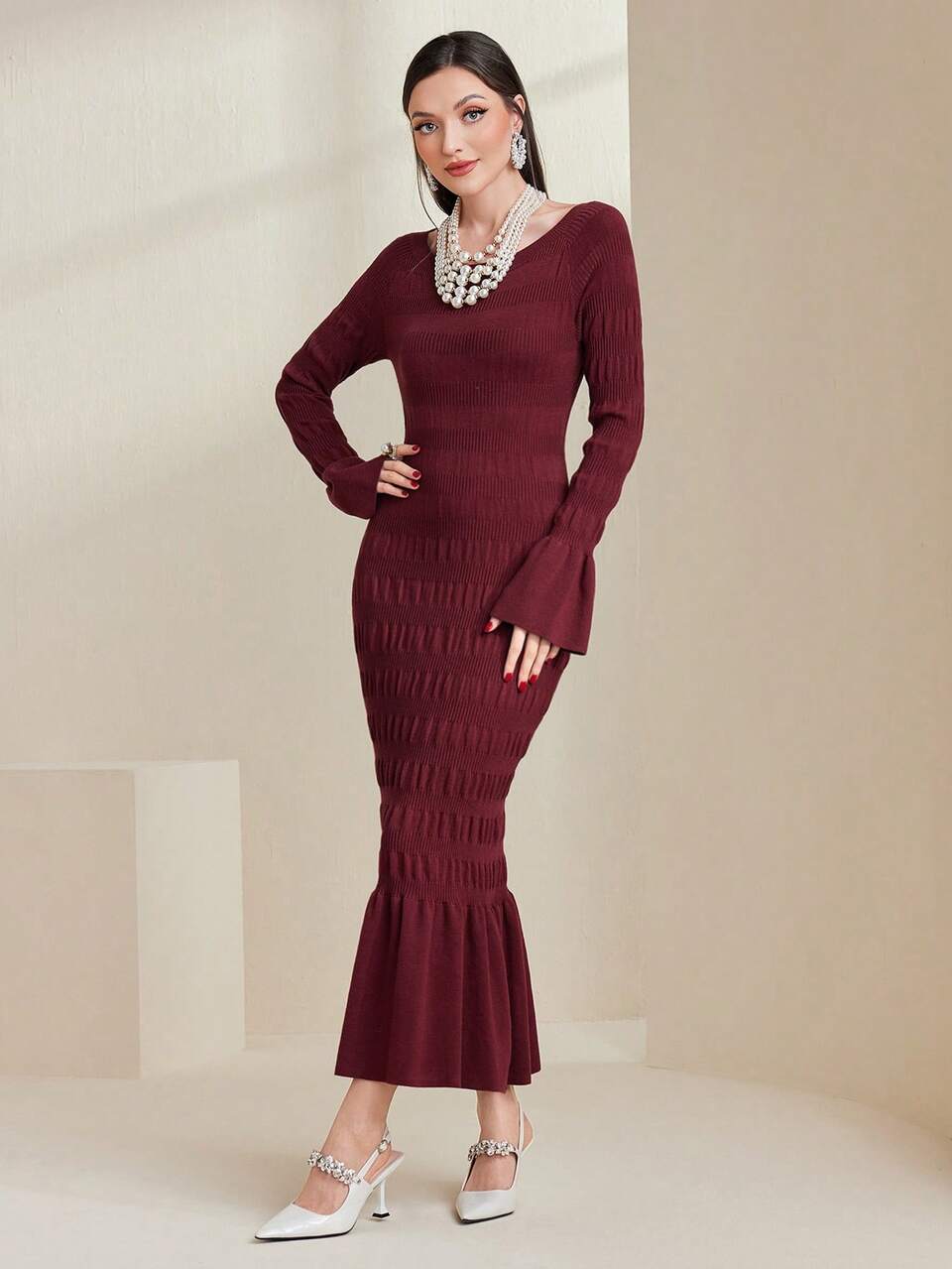 Women's Elegant Pleated Design Sweater Dress