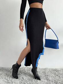 SHEIN Privé Contrast Trim Split Hem Knit Skirt - Multicolor - View 3